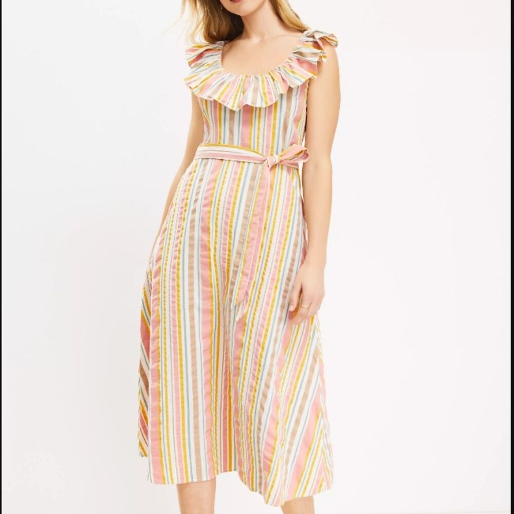Loft Striped Ruffle Scoop Neck Tie Waist Midi Dress sz 12 NWT B3